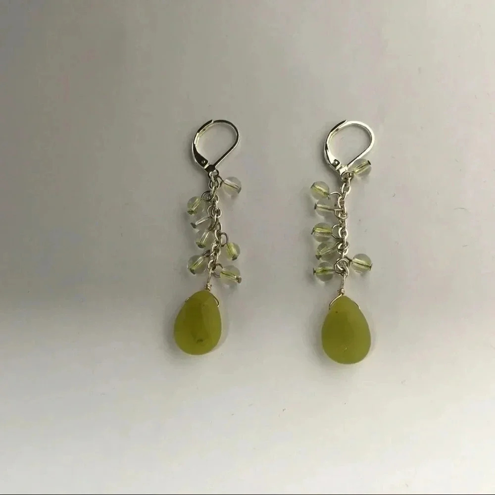 Green Beaded Drop Dangle Lever‎ Back Earrings